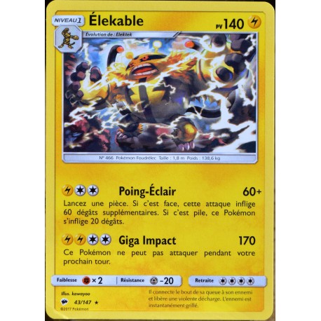 carte Pokémon 43/147 Elekable 140 PV SL3 - Soleil et Lune - Ombres Ardentes NEUF FR 